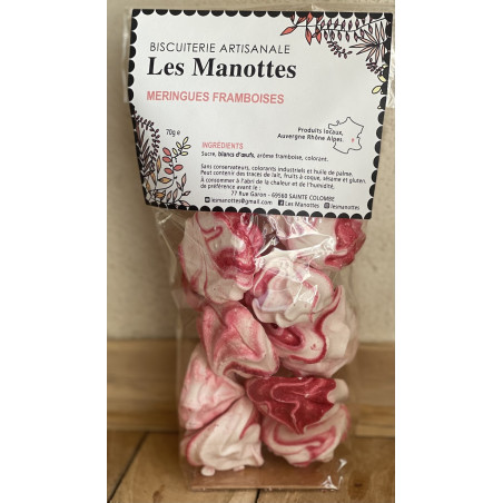 Biscuits sucrés meringues aux framboises fabriqués artisanalement par Les Manottes à sainte Colombe