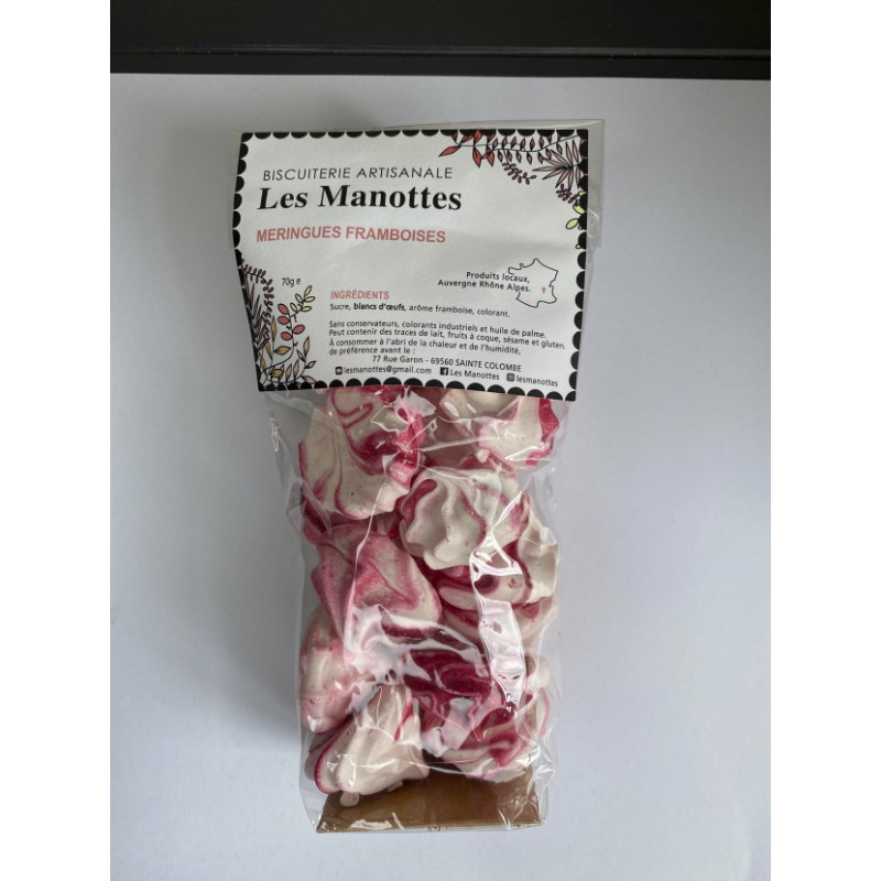 Biscuits sucrés meringues aux framboises fabriqués artisanalement par Les Manottes à sainte Colombe